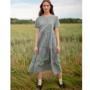 Tradlands Gingham Tiered Lagenlook Midi Dress Size S Green Minimalist Oversized